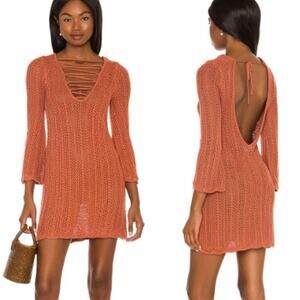 Lovers + Friends Haisley 3/4 Sleeve Crochet Knit Mini Dress Birch Rose Women's M